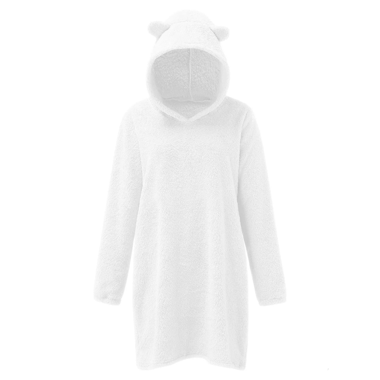 White womens plush hoodie solid color cute autumn wool hoodie long sleeved warm and soft sportswear dress 241214