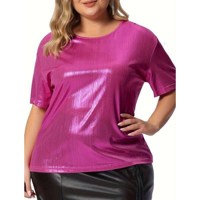 European and American summer loose fit plus round neck solid color gold powder short sleeved T-shirt 2024 temperament versatile new trend clothing ins