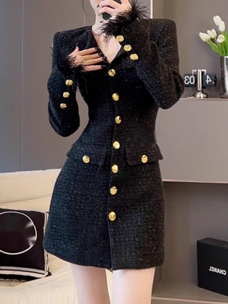 Elegant Black Dress Temperament Office Lady V-Neck Single Breasted Waist Tweed Women's Dresses 2025 New Spring Summer C2985