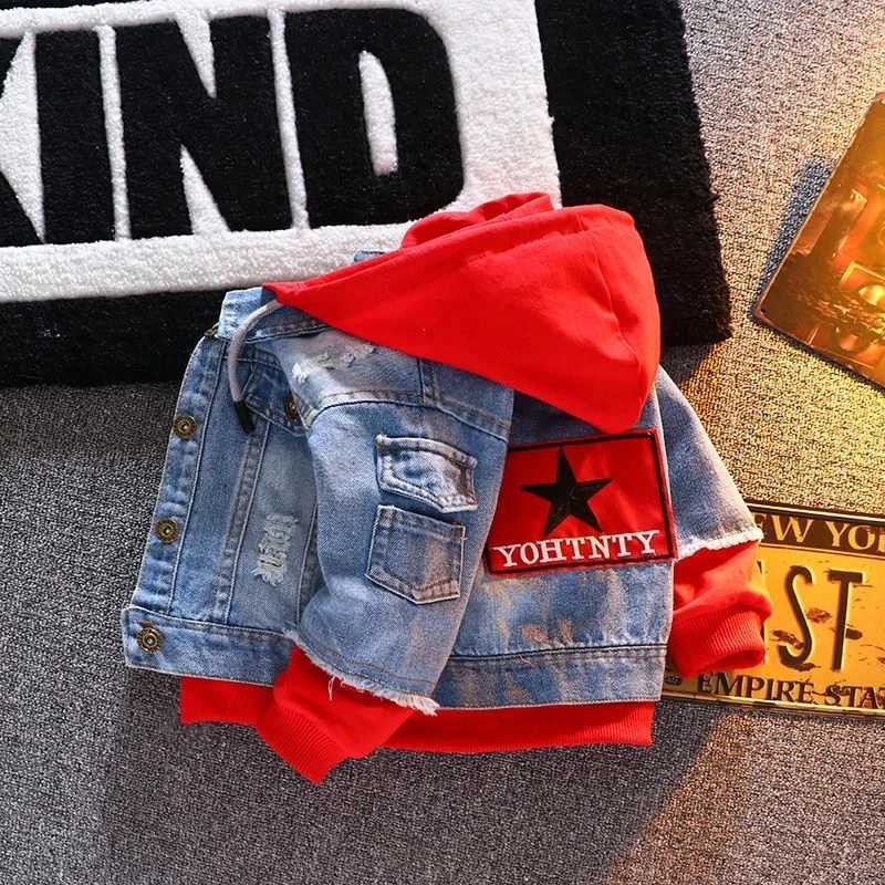 Spring Autumn Denim Jacket For Boy Girl New 2024 Korean Version Fashion Patchwork Hooded Cowboy Coat Casual Childrens ClothingXJ241214