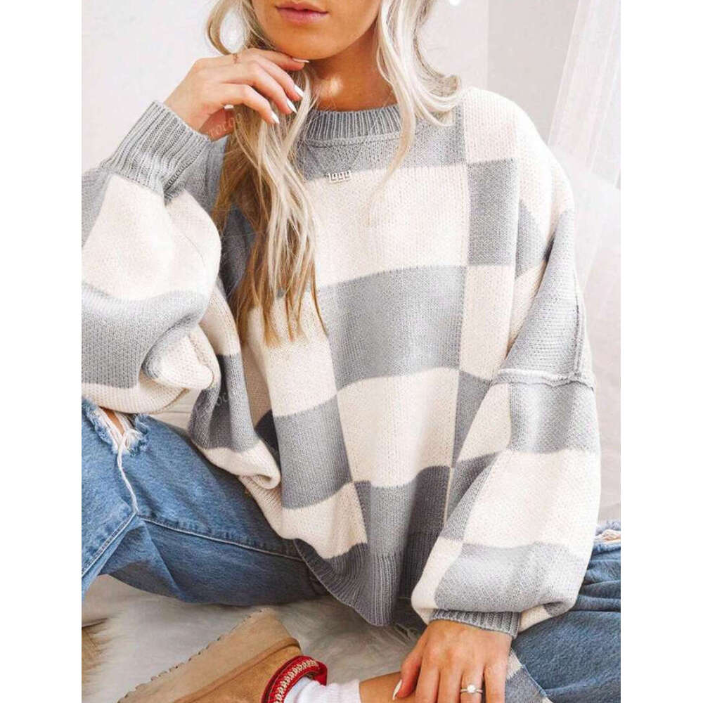 New Autumn Clothes Women's Knitted With Grid Elements Round Neck Loose Sweater From Europe And America