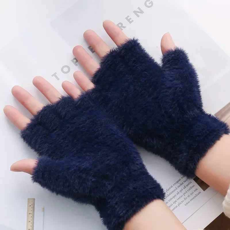 Womens half finger winter simulated mink cashmere gloves touch screen writing wool warm sports 241212