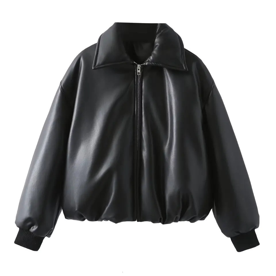 PU Leather Short Flight Jacket for Women Cotton Clothing Minimalist Retro Coffee Color Zipper Long Sleeve Casual 241121