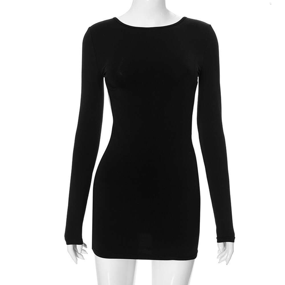European And American Autumn New Women's Trend Solid Color Round Neck Big Backless Long Sleeved Slim Sexy Dress