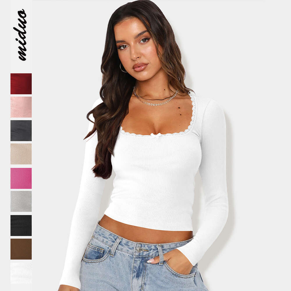New Long Sleeved T-Shirt For Women's Fashion Trend, Slimming And Slimming, Lace Patchwork Spicy Girl Top, U-Neck Base Shirt, Fashionable Quality,