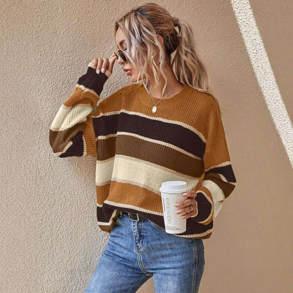European American Foreign Trade And Winter Round Neck Sweater Women's Lazy Loose Classic Striped Long Sleeved Clothes Autumn Women