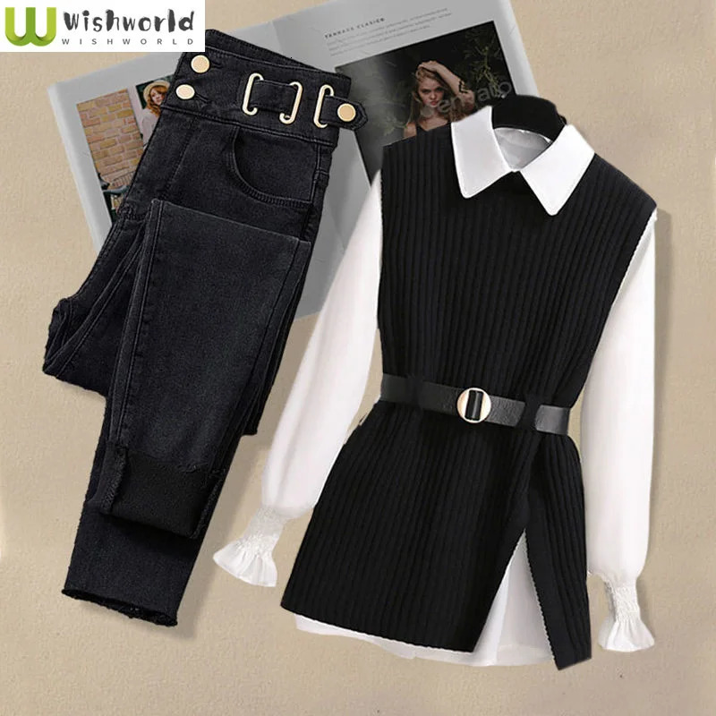 Womens autumn and winter set 2023 Korean fashion knitted vest casual slim fit jeans three piece 241212