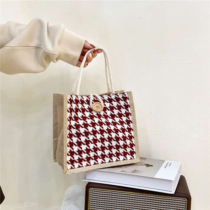 New Handheld Canvas Women's Large Capacity Fashionable Thousand Bird Grid Shopping Shoulder Student Classroom Bento Bag