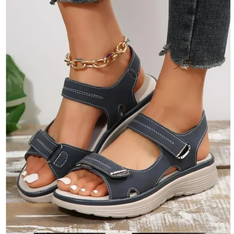 crocheted sandals for women Summer Leather Light casual wedge platform shoes Blue girls outside nonslip plus size 43 241213