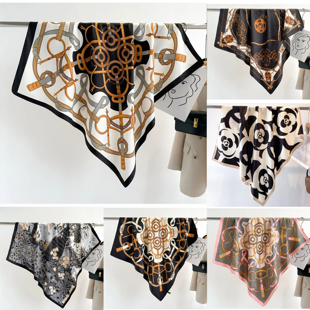 Summer Fashion Print Design Brand Classic Letter Satin 20Style Square Scarf Outdoor Shawl Silk Turban Beach Wrap Daily Women wer Scarves 90*90cm