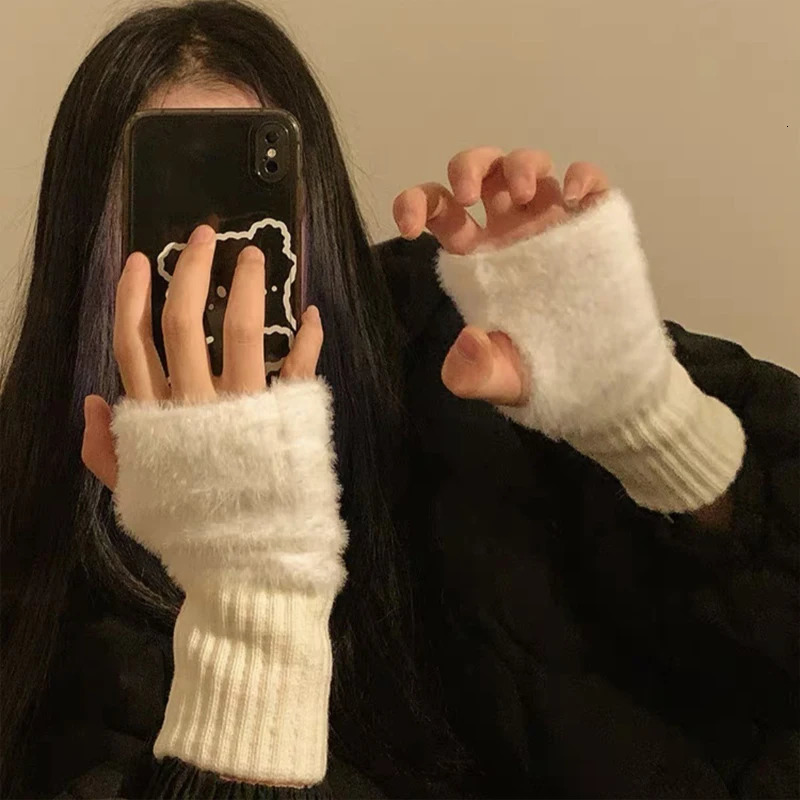 2 pairs of mink wool soft winter half finger gloves for women warm and ious pure white plush knitted fingerless 241212