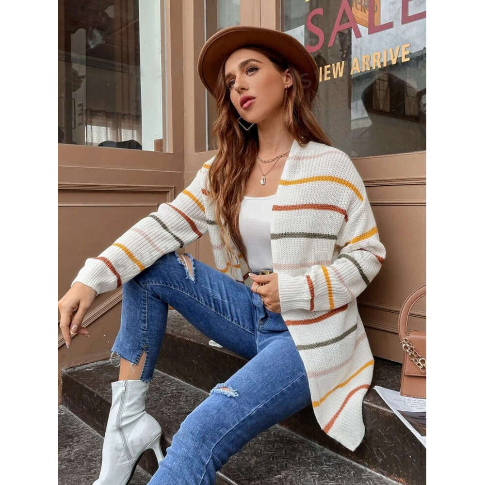European American Clothing Women's Long Sleeved Horizontal Striped Cardigan Jacket Spring And Autumn Winter New Style