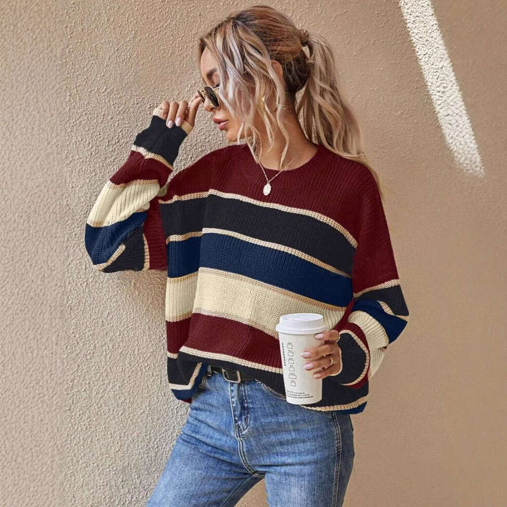 European American Foreign Trade And Winter Round Neck Sweater Women's Lazy Loose Classic Striped Long Sleeved Clothes Autumn Women