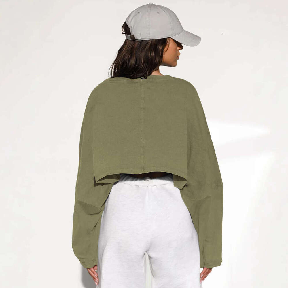Umbilical Round Neck Sweatshirt, European And American Women's Short Sports Base T-Shirt, Knitted Shirt, Long Sleeved Top