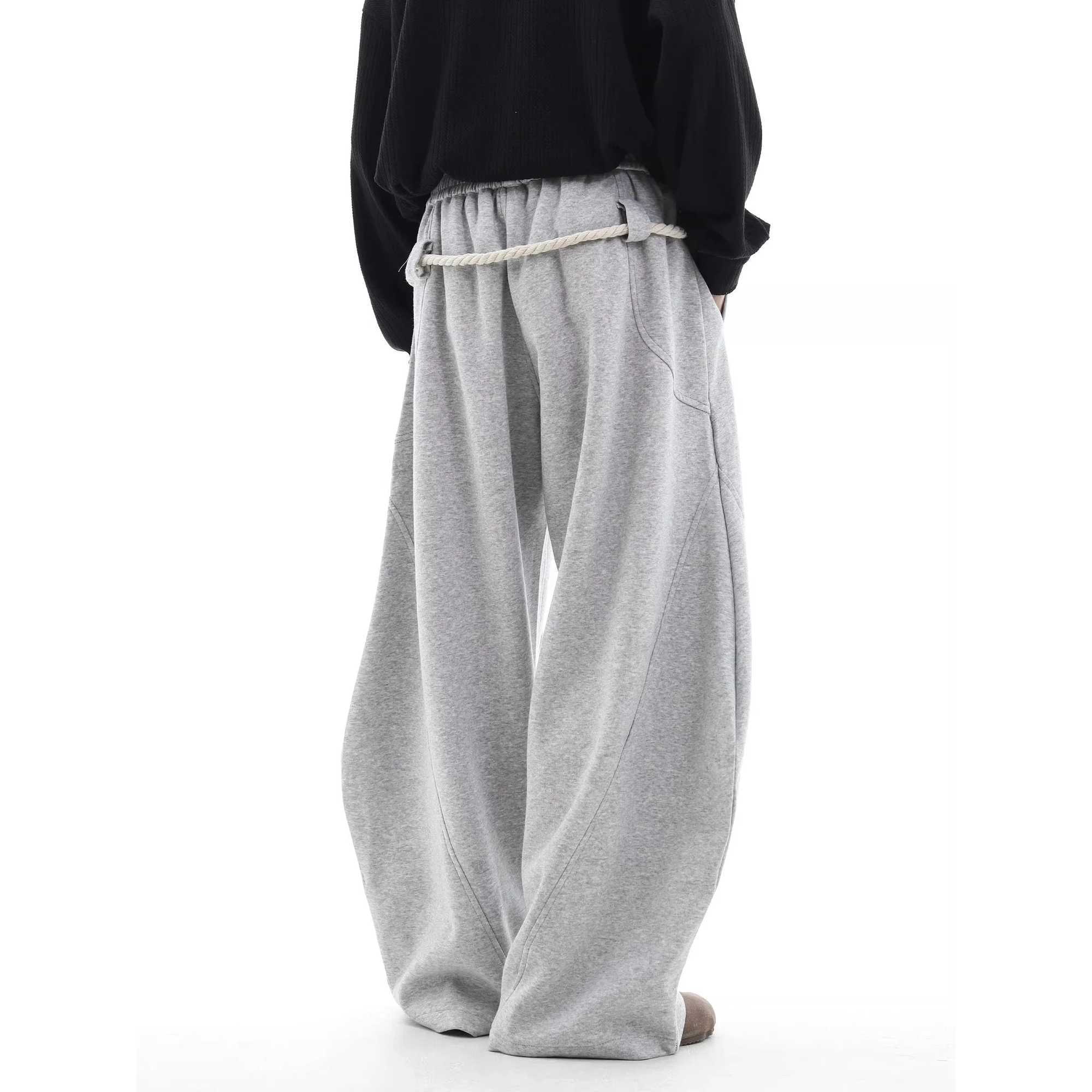 Baggy Sweatpants Men Wide Leg Gray Long Drawstring Casual Baggy Joggers Pants Curved Blade Type Design Lantern Pants Oversized X241216