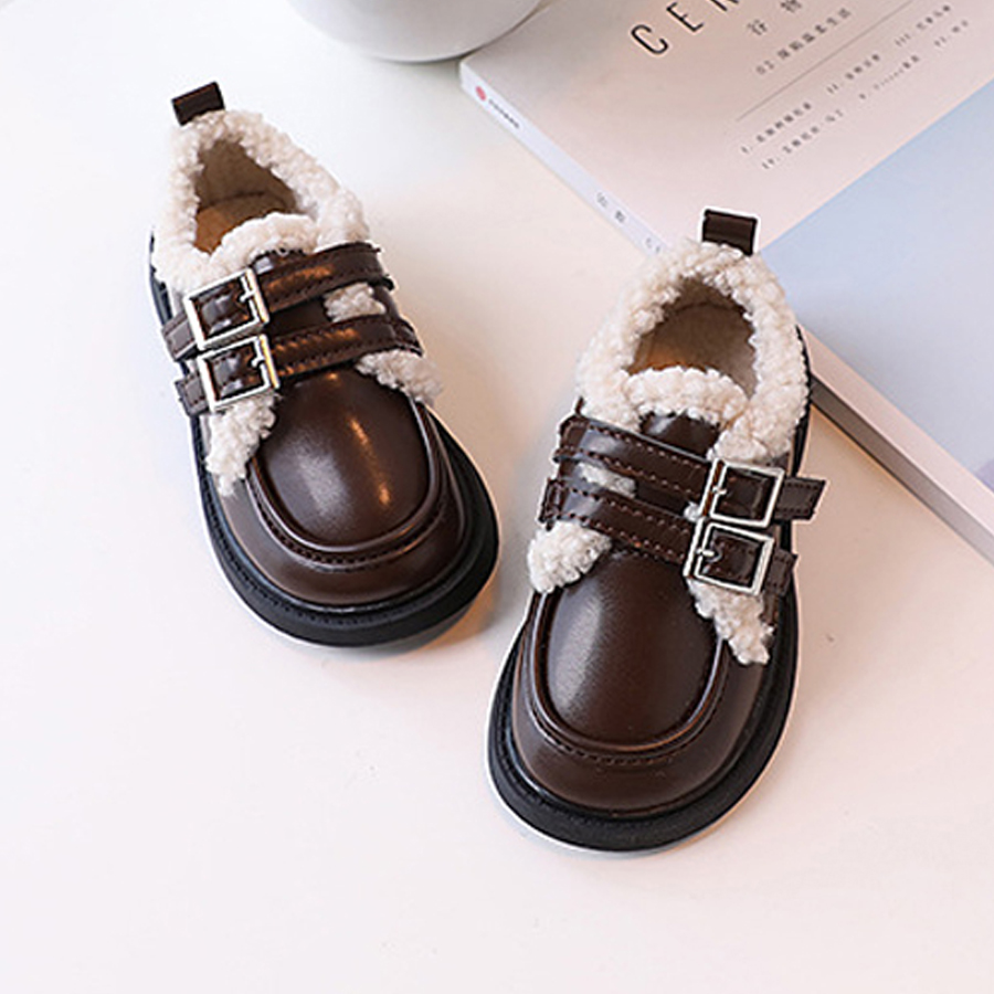 Children Leather Shoes Loafers for Boys Girls Winter Thick Soled Lamb Wool Warm Happysteps Girl Uniform Princess School Cotton Shoes Plush PU Sizes US
