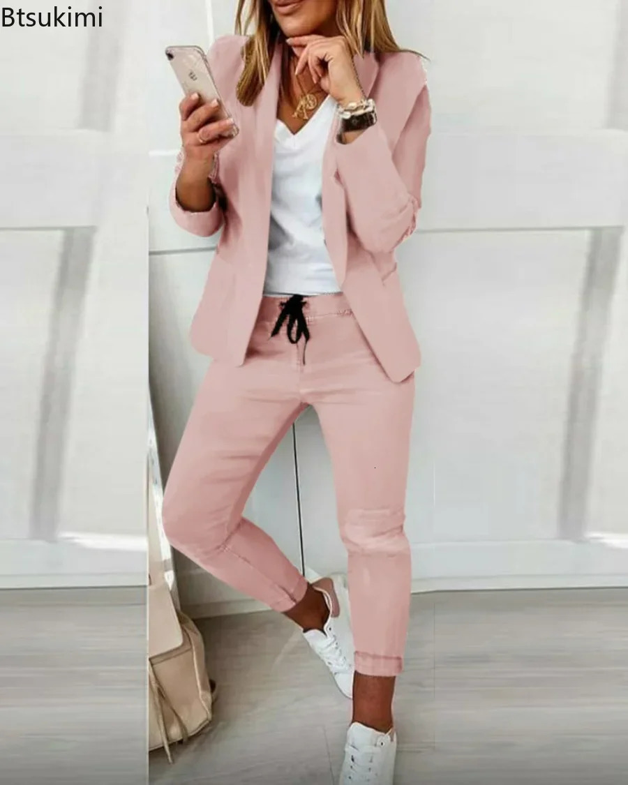 2025 Womens Two Piece Office Set Ultra Thin Jacket and Pants with Pocket Collar 2PCS Tracksuit 241212
