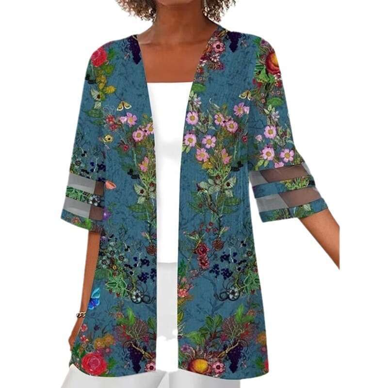 European American Women's Spring and Summer Positioning Printed Mid Sleeve Loose Hemp Small Outer Coat 2024 New Casual Fashion Trendy Clothing