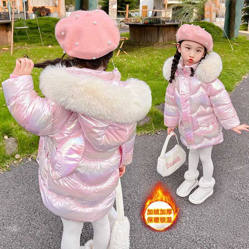 New Girls Shiny Jackets Winter Kids Warm Coats Children Snowsuit Thick Hooded Outerwear Teenage Cotton Clothes Parkas 3-10 YearsXJ241214