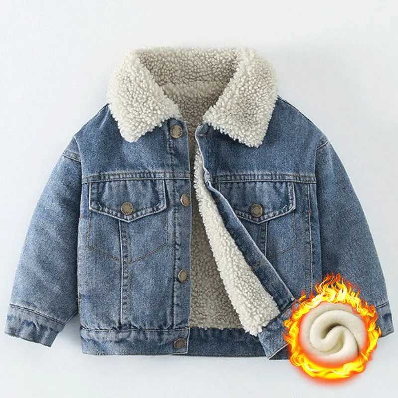 Winter Kids Fleece Denim Jacket Boys Thick Outerwear 0-7Y Young Children Casual Clothes Autumn Girl Long Sleeve Solid Coats 2023XJ241214