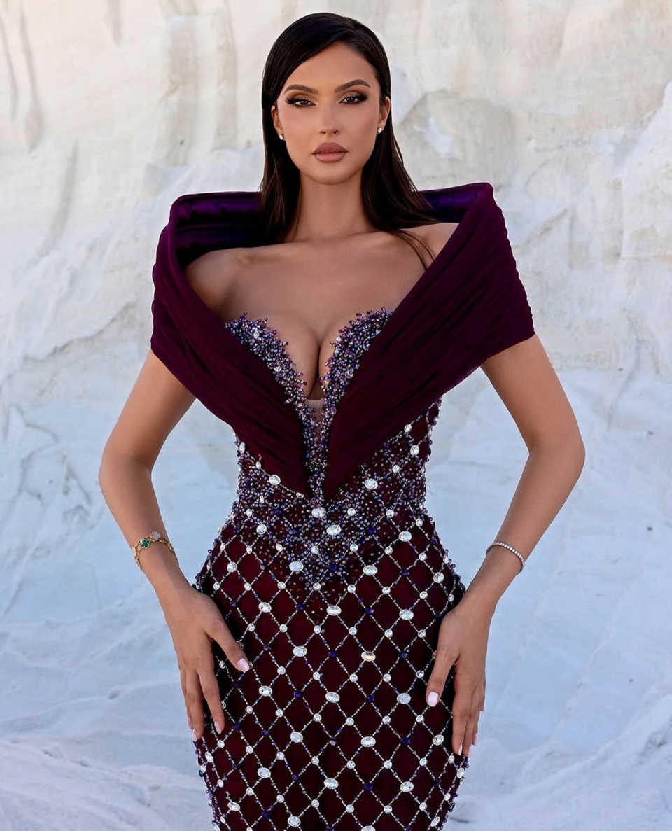 Arabic Purple Sequined Lace Mermaid Evening Dresses Off Shoulder Sheer Crystal Beading Formal Prom Gowns