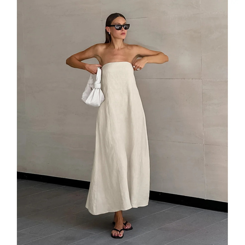 Womens Elegant Strapless Cotton Linen Maxi Dress Backless Sleeveless Pockets Dresses Summer Lady Chic Holiday Robe Beachwear 241216