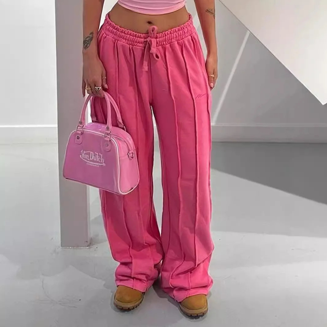 Womens Y2k elastic brushed straight leg pants casual high waisted wide lounge sports street Trousers 2024 241212