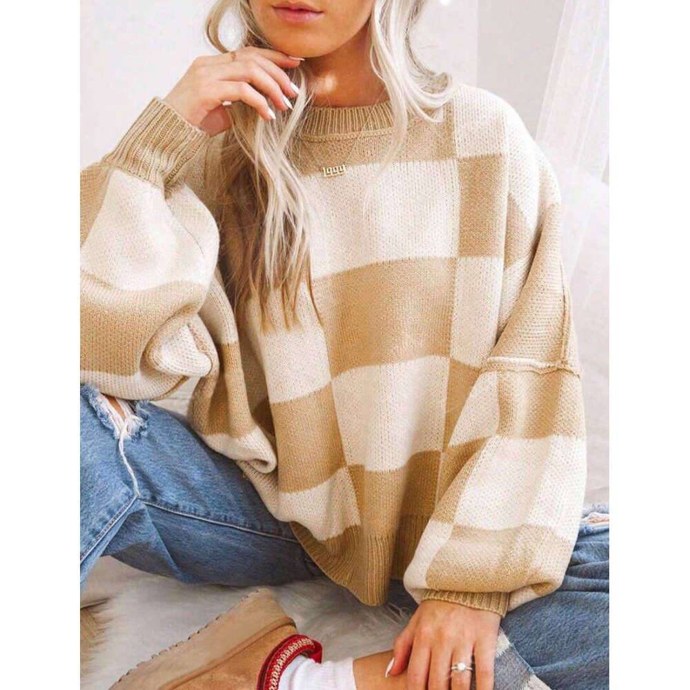 New Autumn Clothes Women's Knitted With Grid Elements Round Neck Loose Sweater From Europe And America