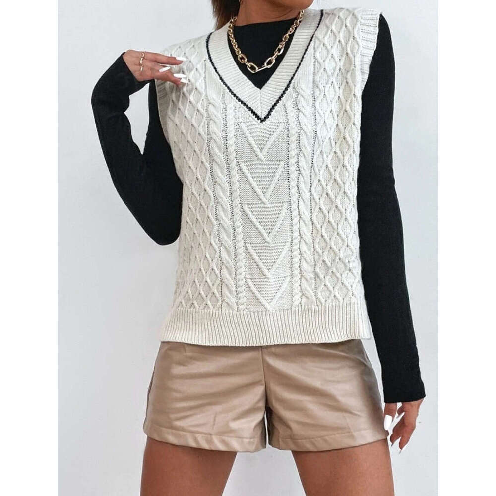 European And American Autumn Clothes Women's Knitted Sweater Short Top Vest V-Neck Sleeveless Fashion Quality Classic