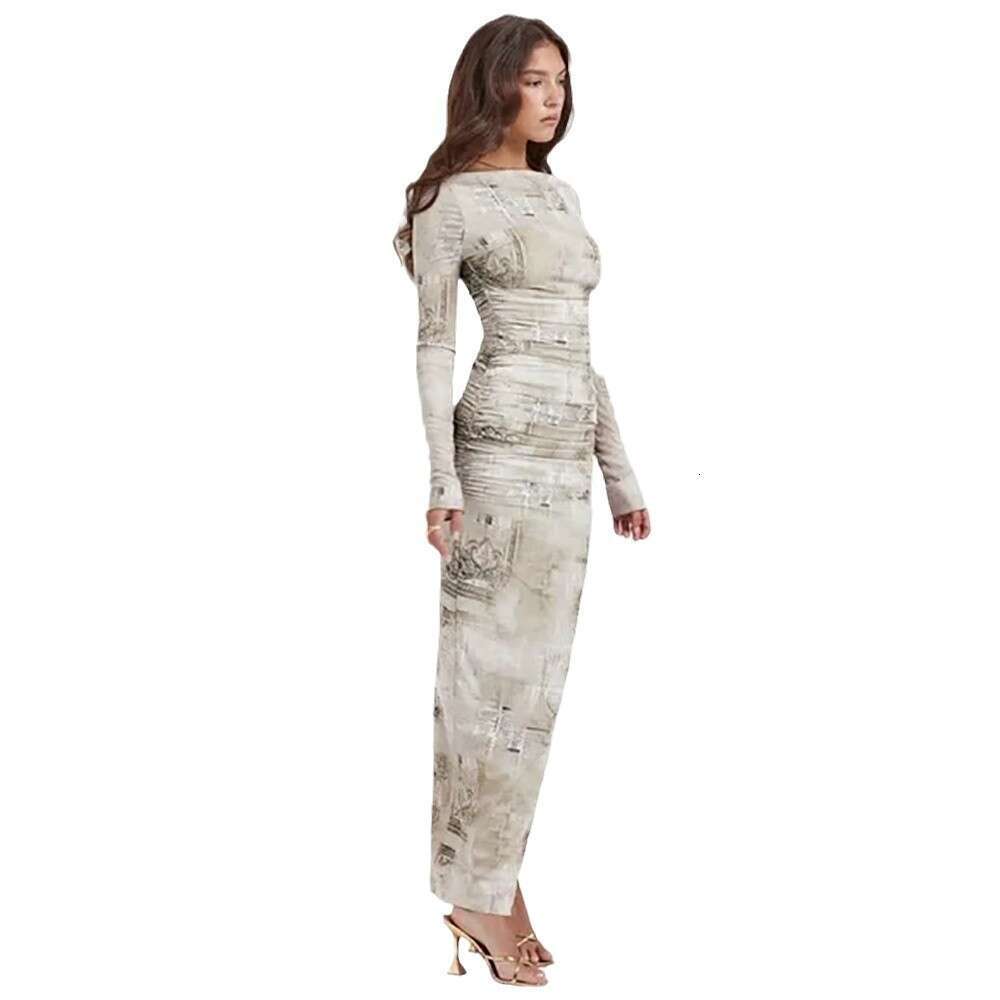 Autumn New European And American Style Slim Fit Dress With Printed Sleeved Design, Slit Long Skirt, Women's Fashion Quality Classic