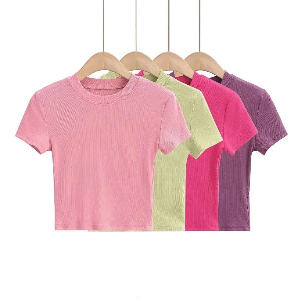 European and American summer 8-color small round neck tight fitting high waist exposed navel sleeved T-shirt for women, short style slimming sports to