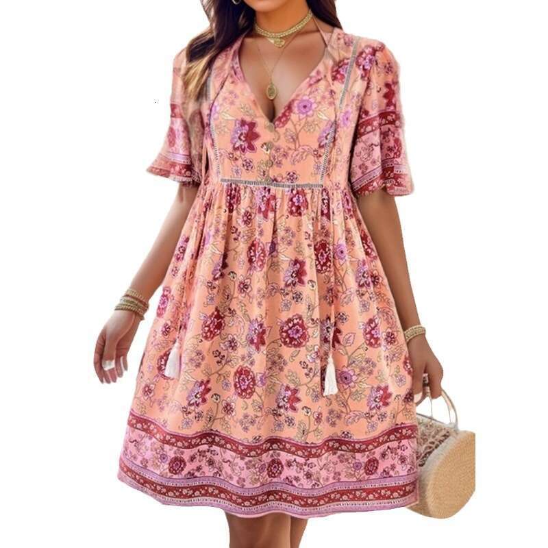 European and American women's Shein spring/summer leisure vacation printed short sleeved dress 2024 temperament versatile new trend clothing ins