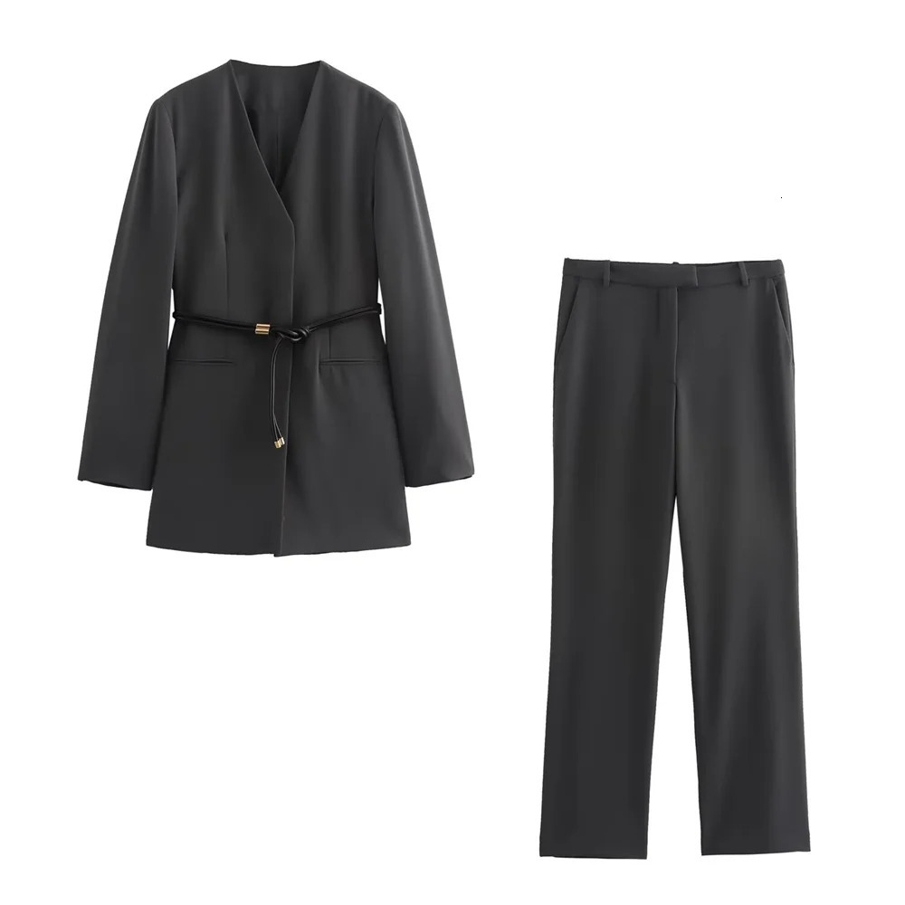 Traf Autumn Womens Fashion Warm Slim Vneck Set with Belt Jacket High Waist Straight Leg Casual Pants 241212