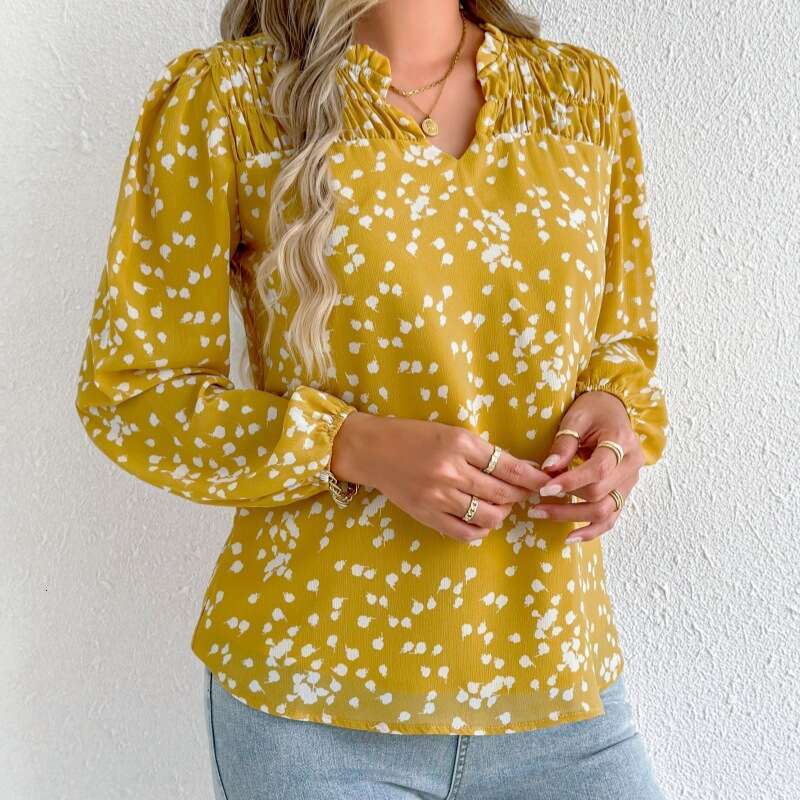 European And American Spring/Summer New Women's Commuting Top V-Neck Long Sleeved Polka Dot Printed Pleated Shirt