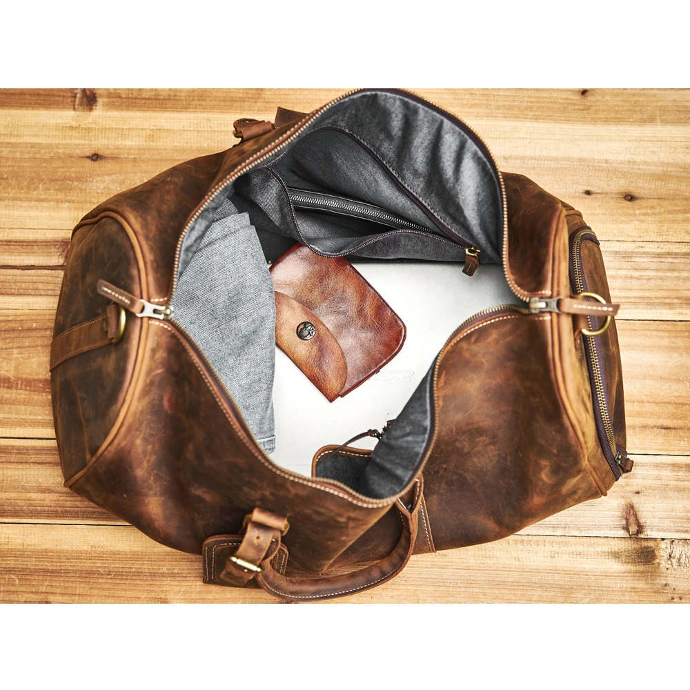 Geunine leather travel bag retro mens handbag large capacity single shoulder messenger bag Boston 17 inch laptop bag 241212