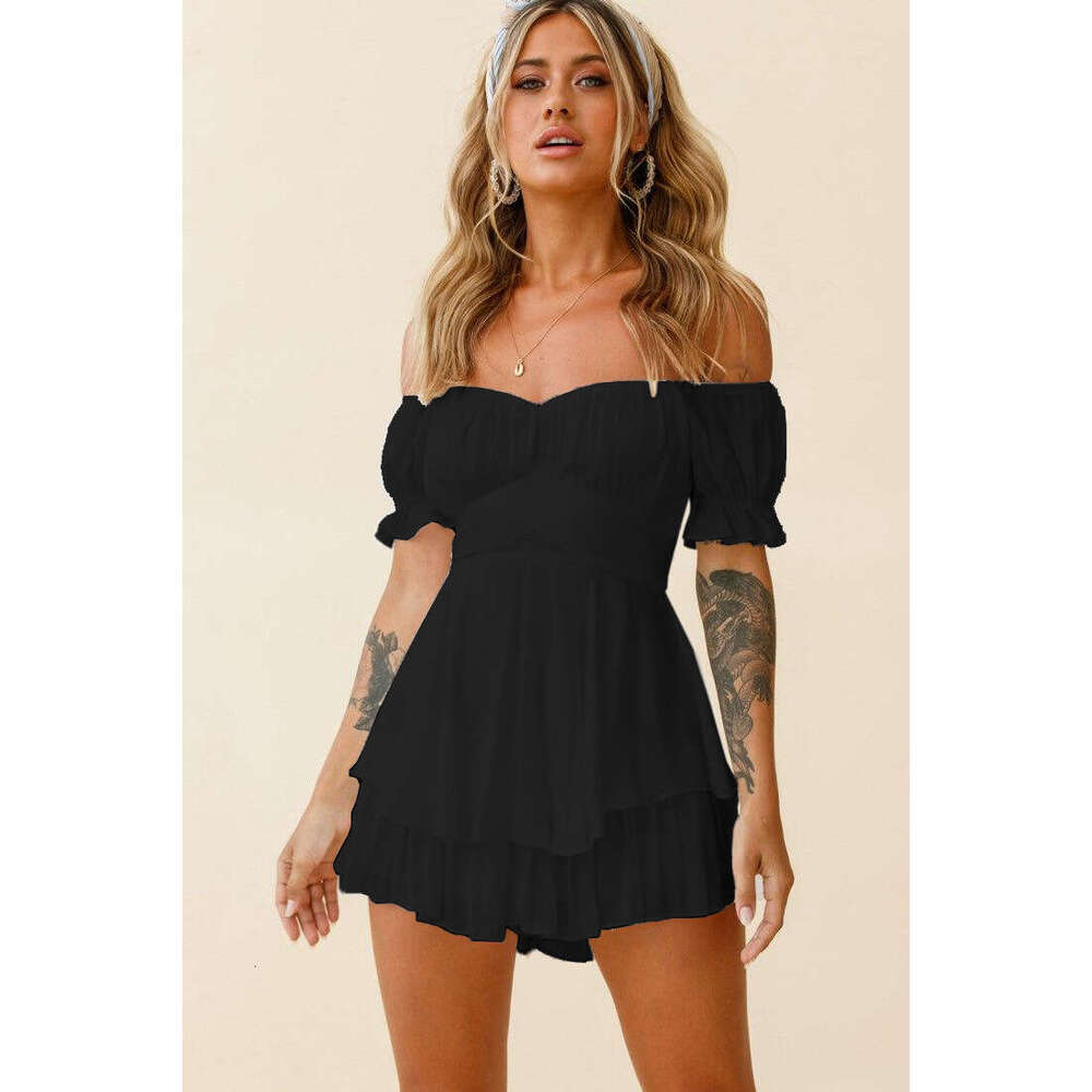 Wholesale Jumpsuit Solid Color Sexy One Collar Lantern Lotus Leaf Sleeves Casual Summer Women's Short Pants Fashionable Quality Classic