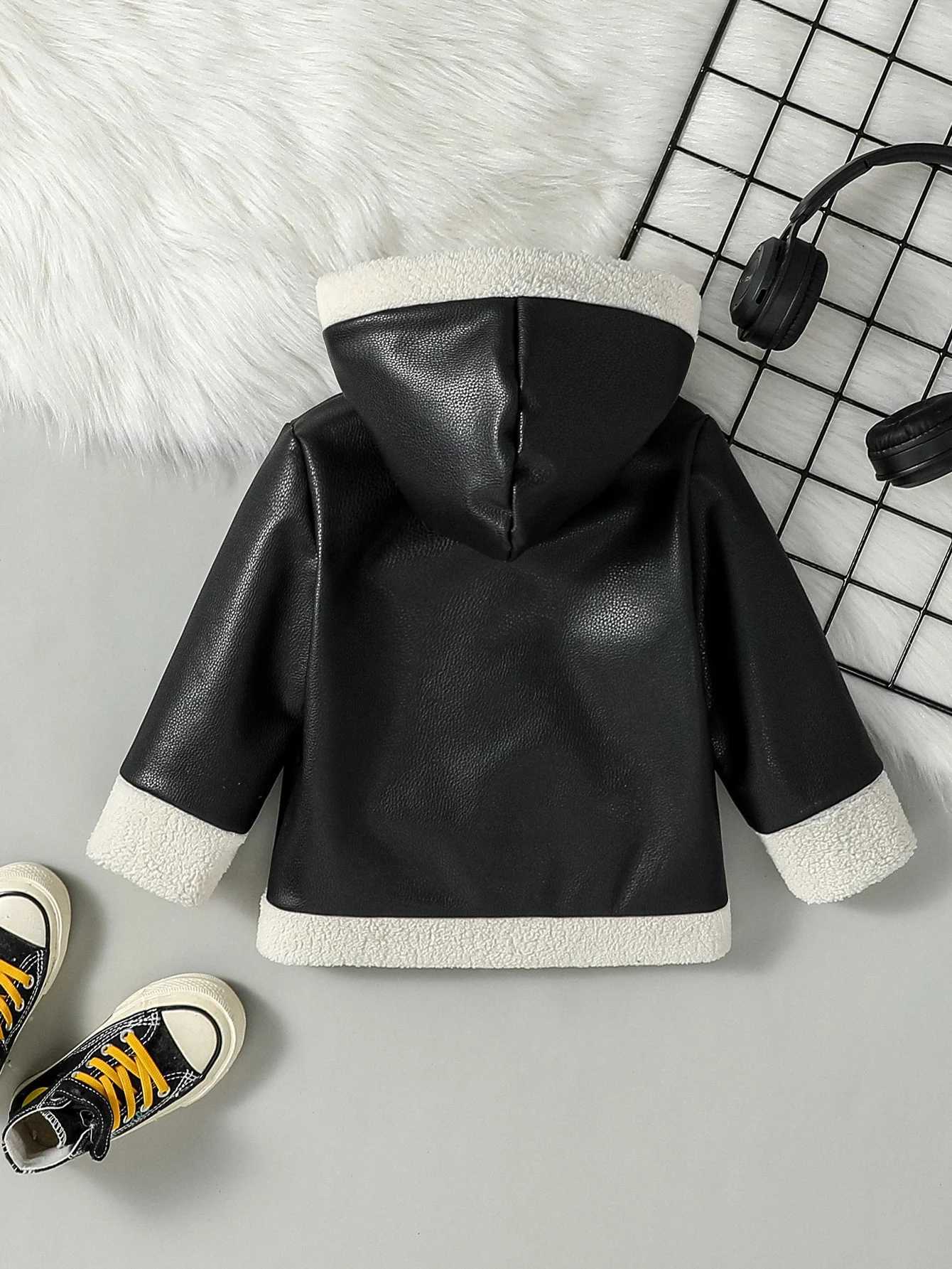 Baby Boys Winter 2024 New Sle Open Stitch Hoodie Leather Jacket Plush With Pocket For 9M-4Y Kids Outdoor WearXJ241214