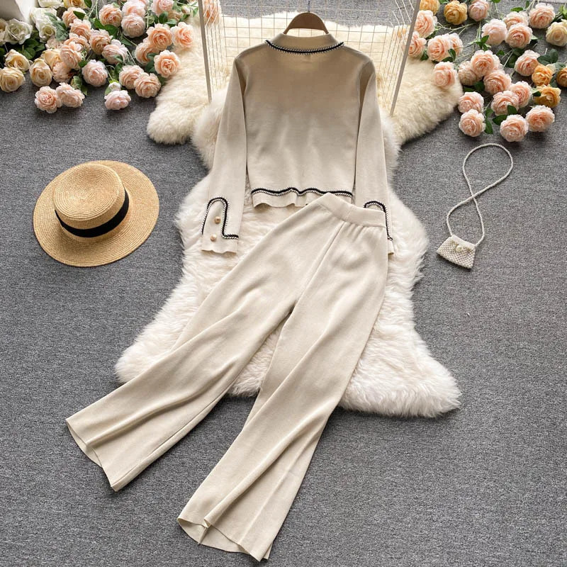 Autumn womens pants set sportswear solid color casual round neck knitted cardigan jacket high waist loose wide leg Trouser 2 pieces 241212