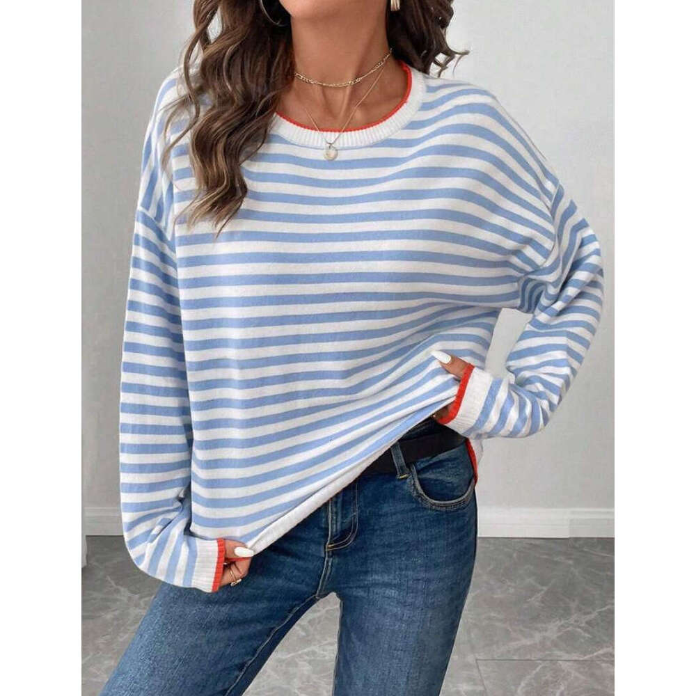 European And American Autumn Clothing, Striped Round Neck Contrasting Color, Shoulder Down Long Sleeved Knitted Sweater, Women's Fashion Quality 