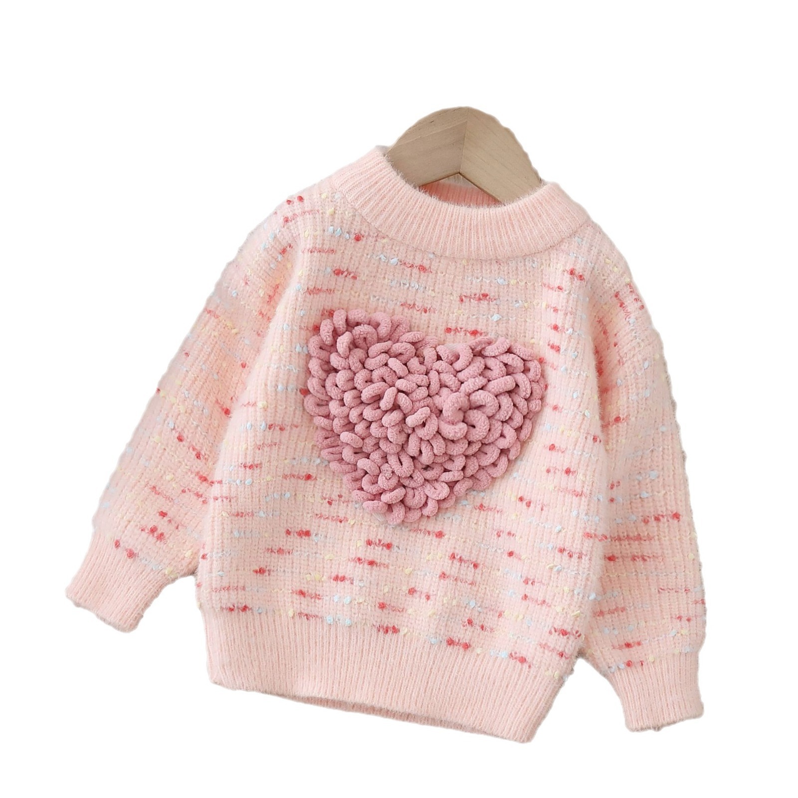 Girls Sweater Round Neck Knitted Base Sweater Love Color Sweet Plush Thick Childrens Knitted Sweater 220326