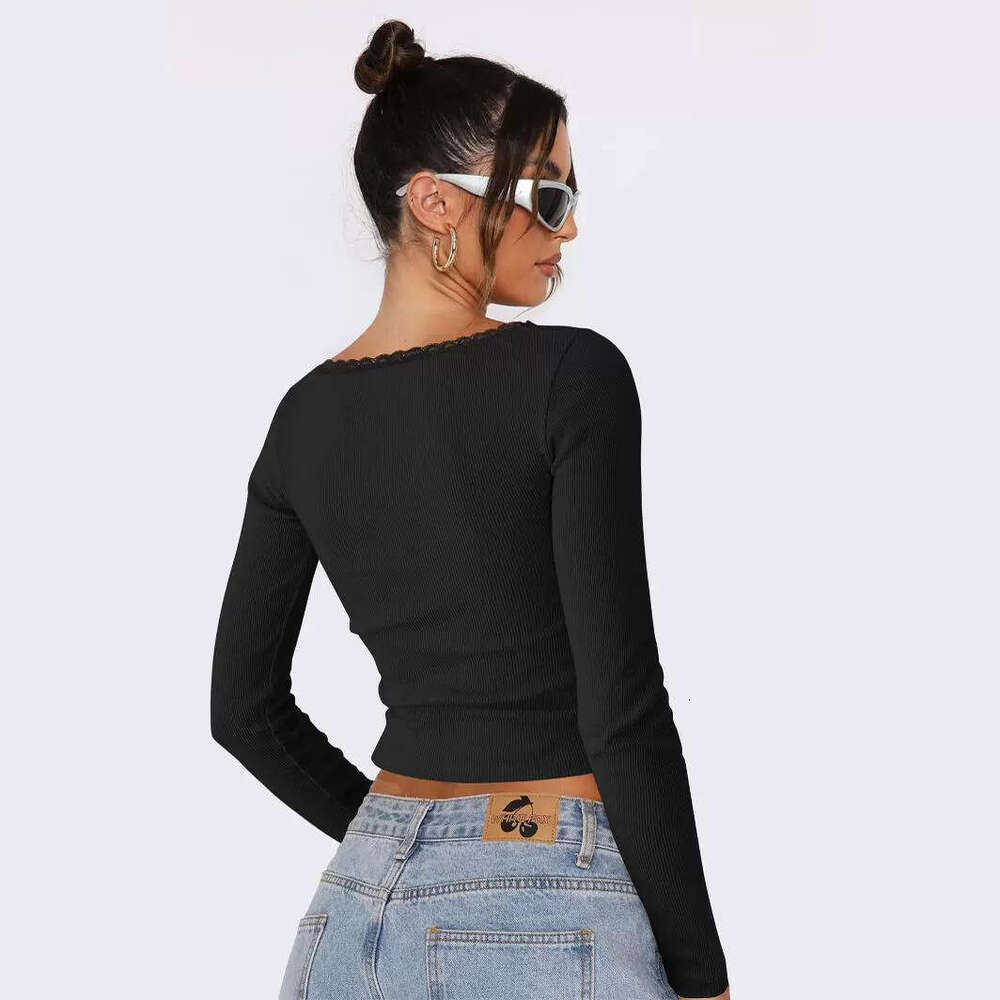 New Long Sleeved T-Shirt For Women's Fashion Trend, Slimming And Slimming, Lace Patchwork Spicy Girl Top, U-Neck Base Shirt, Fashionable Quality,