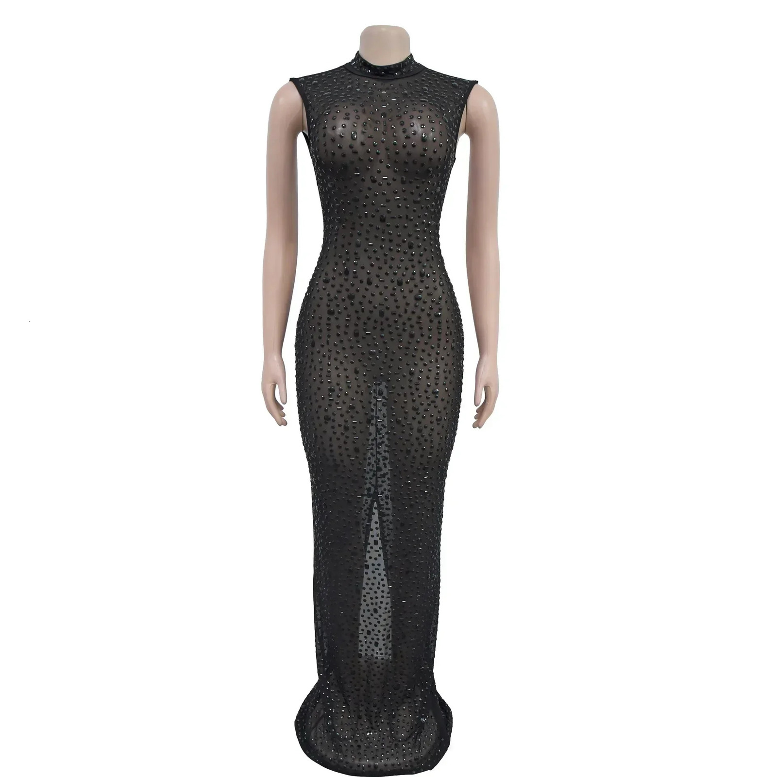 CM.YAYA 2024 Fall Diamonds Rhinestones O-neck Women Sleeveless Bodycon Long Dress Birthday Party Evening Prom Maxi Dresses 241214