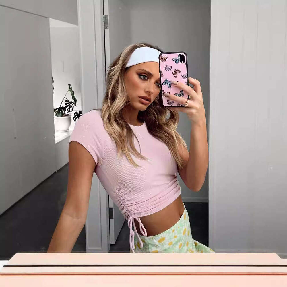 Fashionable Sexy Pit Stripe Exposed Navel Cut Drawstring Strap Round Neck Short Sleeved T-Shirt European And American Women's Top Fashionable Qua
