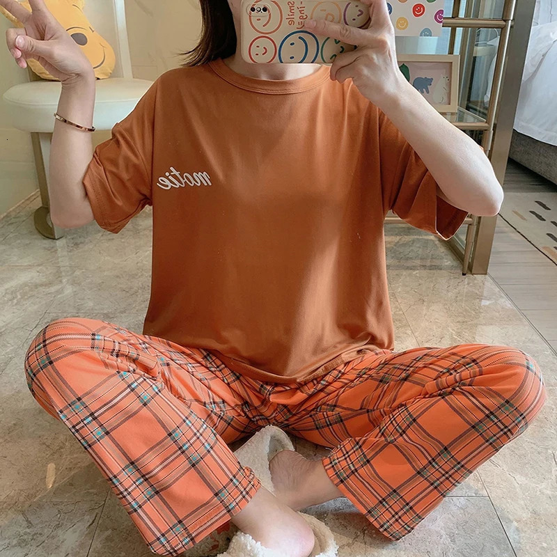 Summer pajama set for girls short sleeved Tshirt plain weave pants sweet home women casual n sleepwear 241212