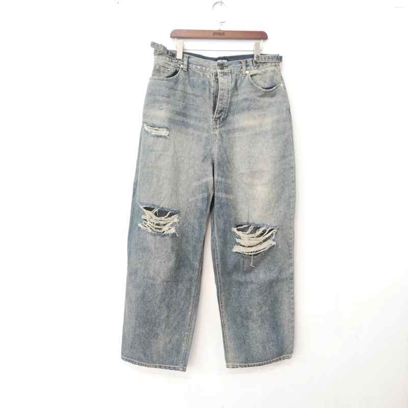 2025 S Fashion Designer Men S Jeans PFNW High Street Korean Trendy Washed Knee Cutting Hole Distressed Straight For Men Loose Denim Pants W