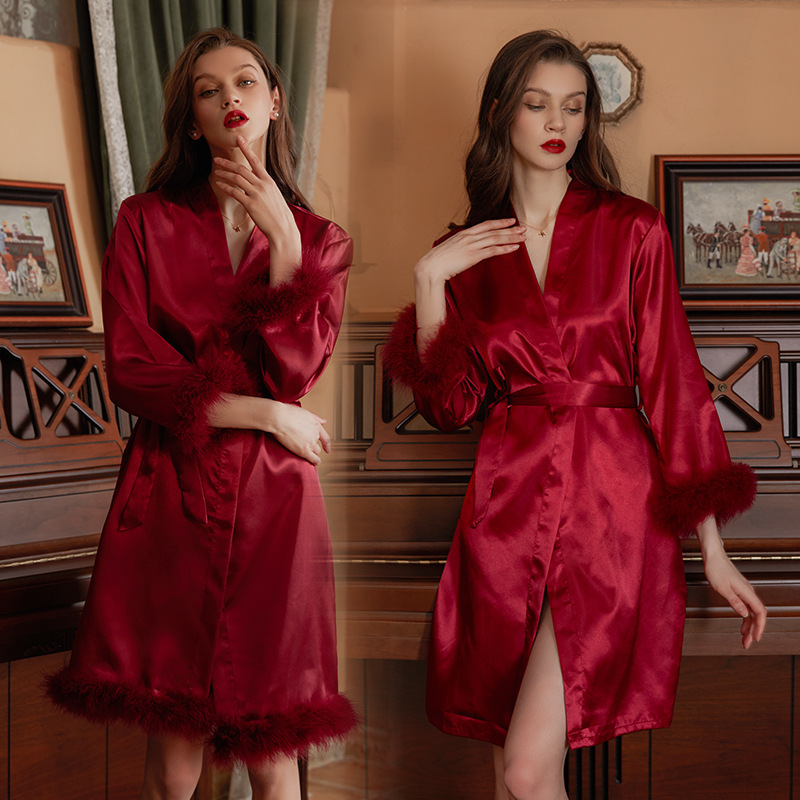 Z27-Bridal gown, morning gown, ladies' feather nightgown, wedding makeup, bridesmaids wedding kimono, satin bathrobe