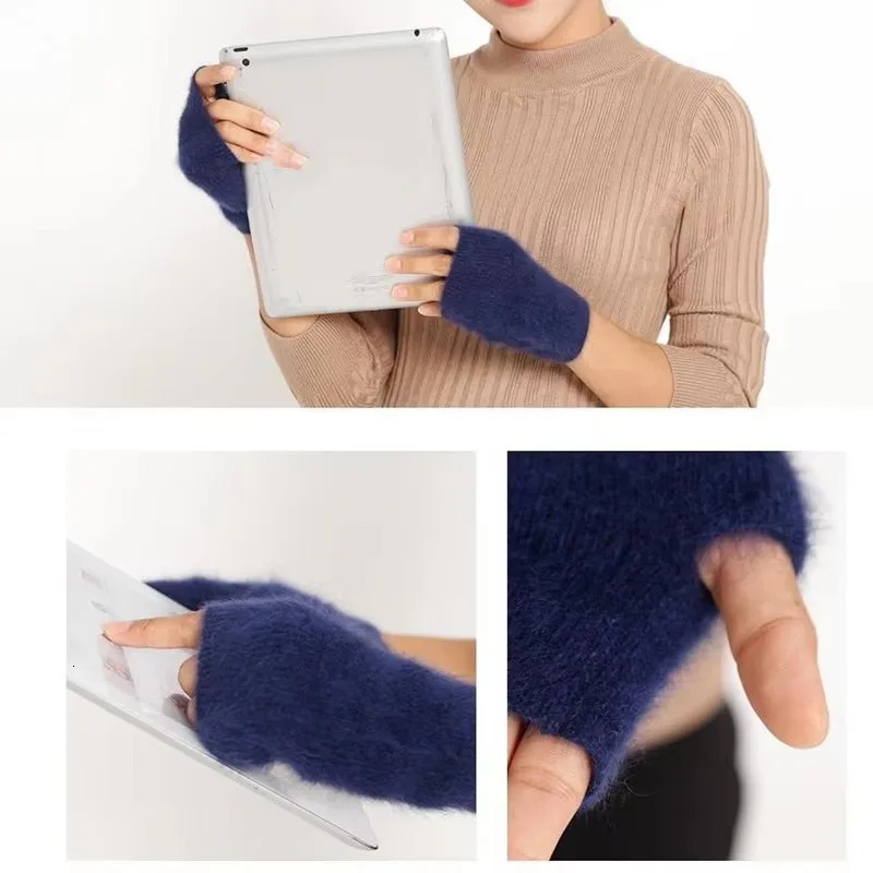 Mink cashmere autumn winter gloves without fingers raccoon wool with wrist length thumb hole Korean womens cute 241212
