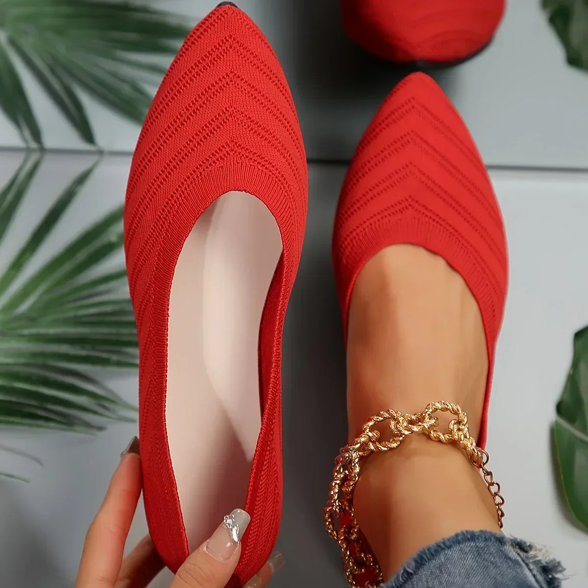 Pointed Toe Flat Boat Solid Color Knitted Slippers Casual Breathable Ballet Flat Womens Shoes Loafers Zapatos Mujer 2024 Tendencia 241213