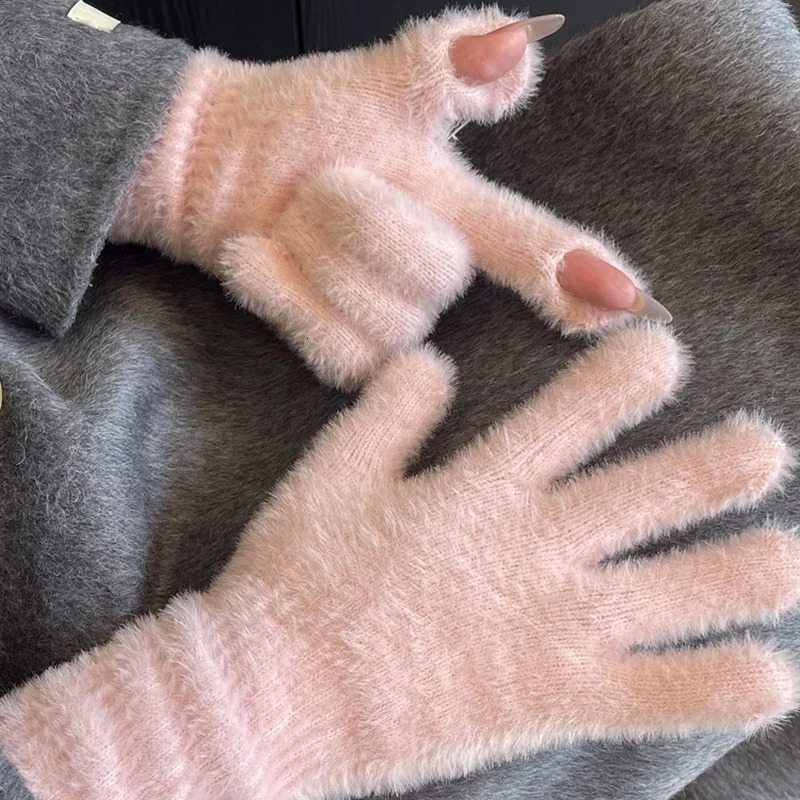 Korean INS long cashmere touch screen exposed finger gloves for winter warmth elastic soft full plush artificial fur knitted 241212