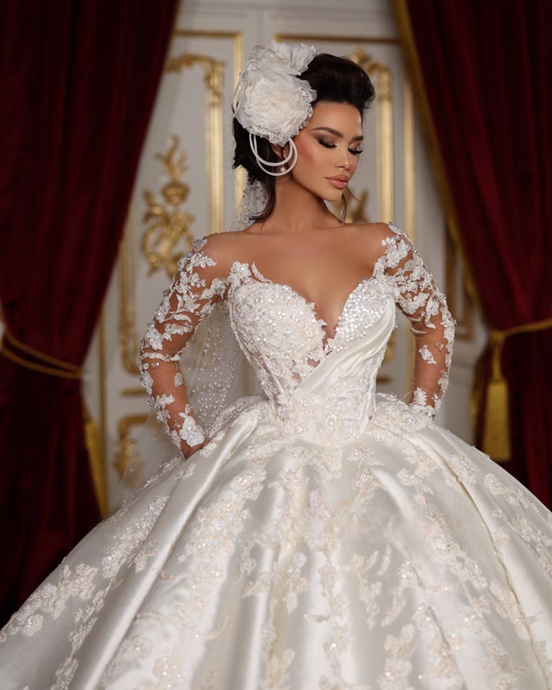 Romantic Ball Gown Wedding Dresses 2024 Sweetheart with Lace Appliques Beaded Bridal Dress Detachable Sleeve Tulle vestidos de novia 05